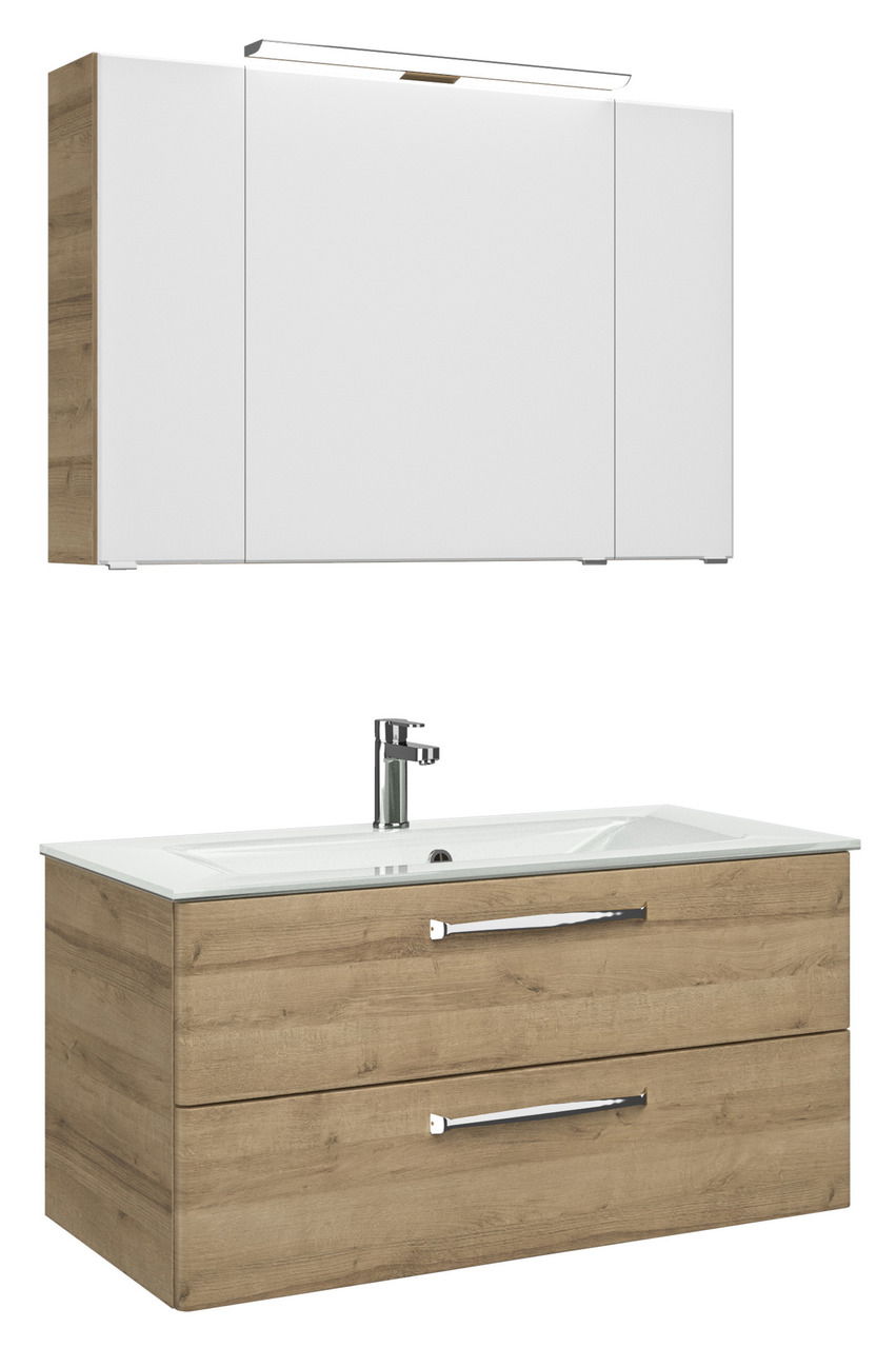 Moderner Badblock mit weißem Spiegelschrank und Holzunterschrank, Frontansicht