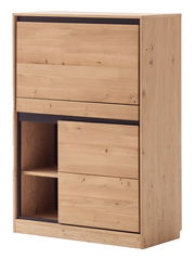 Moderner Sekretär aus hellem Holz mit mehreren Schubladen und offenen Fächern, seitliche Perspektive.