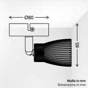 Seitenansicht eines schwarzen LED-Spotstrahlers mit Kühlrippen und Montagehalterung, technische Zeichnung mit Maßangaben Ø 80 mm und 85 mm