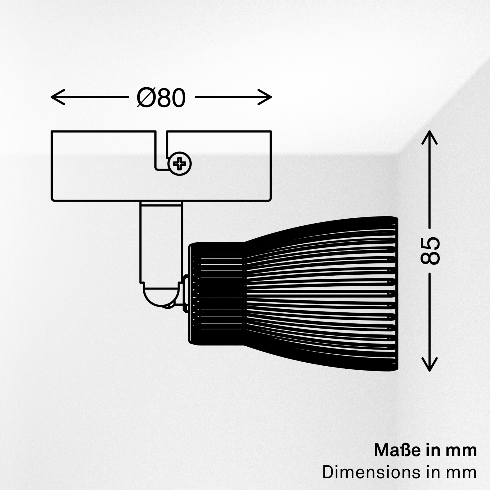 Seitenansicht eines schwarzen LED-Spotstrahlers mit Kühlrippen und Montagehalterung, technische Zeichnung mit Maßangaben Ø 80 mm und 85 mm