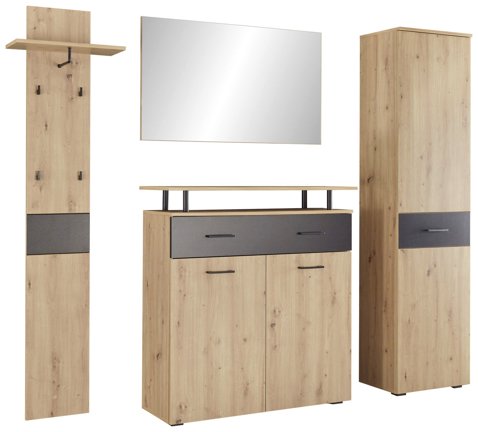 Garderoben-Set aus Holz in heller Eichenoptik mit schwarzem Akzent, bestehend aus einem hohen Schrank, einem Spiegel, einer Kommode und einer Wandgarderobe. Frontalansicht.