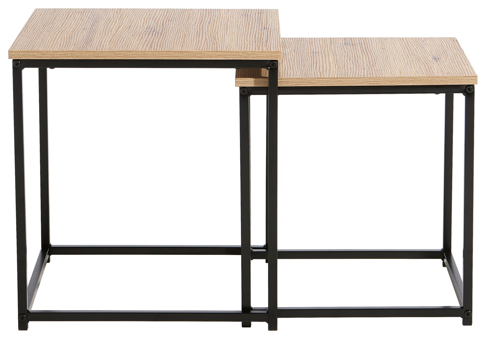 Zwei Beistelltische aus Holz mit schwarzem Metallgestell, seitliche Perspektive