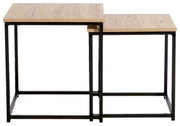 Twee houten bijzettafels met een zwart metalen onderstel, zijaanzicht