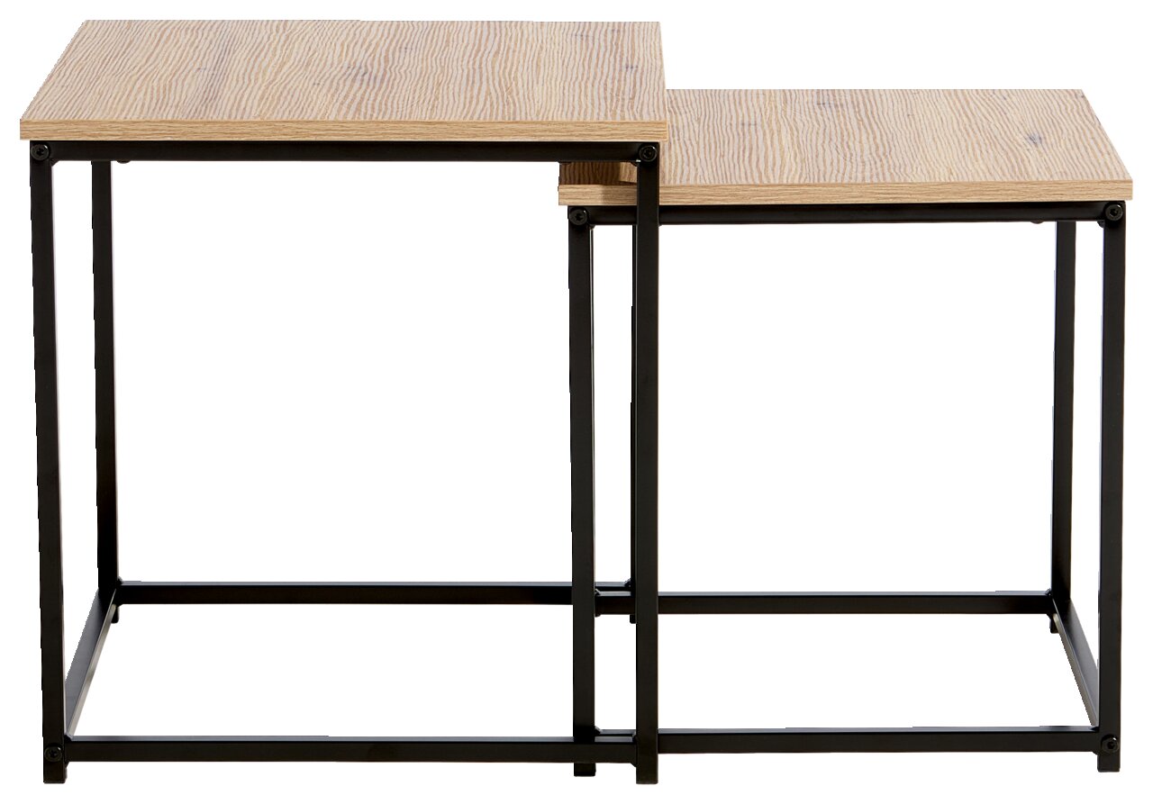 Twee houten bijzettafels met een zwart metalen onderstel, zijaanzicht