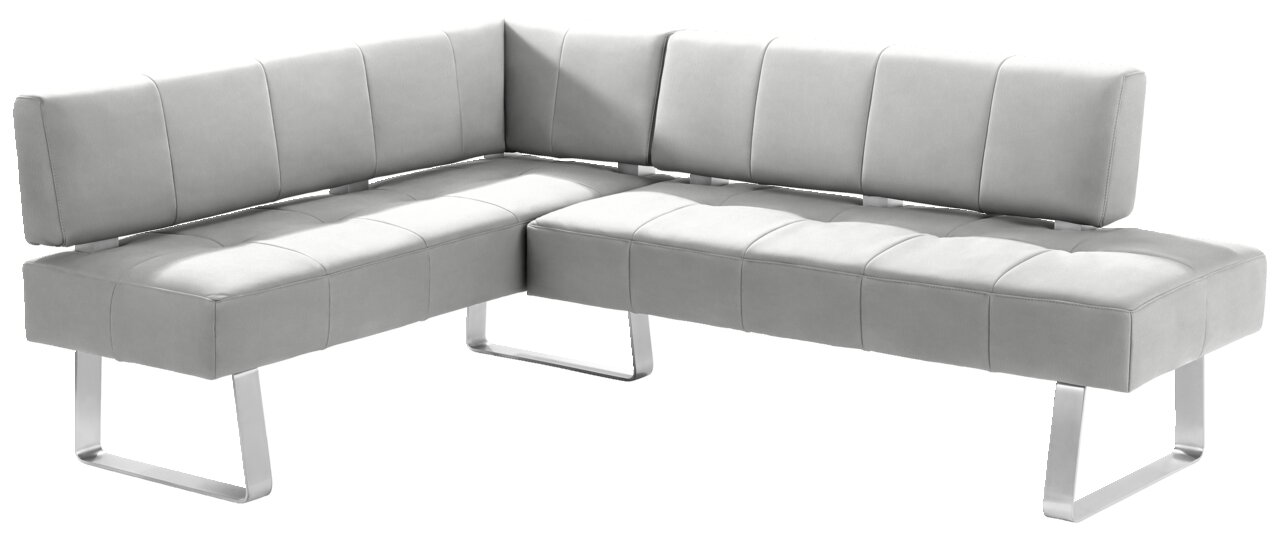 Graue Eckbank mit modernem Design und Metallbeinen, seitliche Perspektive