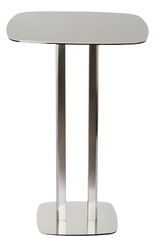 Moderner Bartisch aus Metall mit rechteckiger Tischplatte und zwei stabilen Säulen, Frontalansicht.