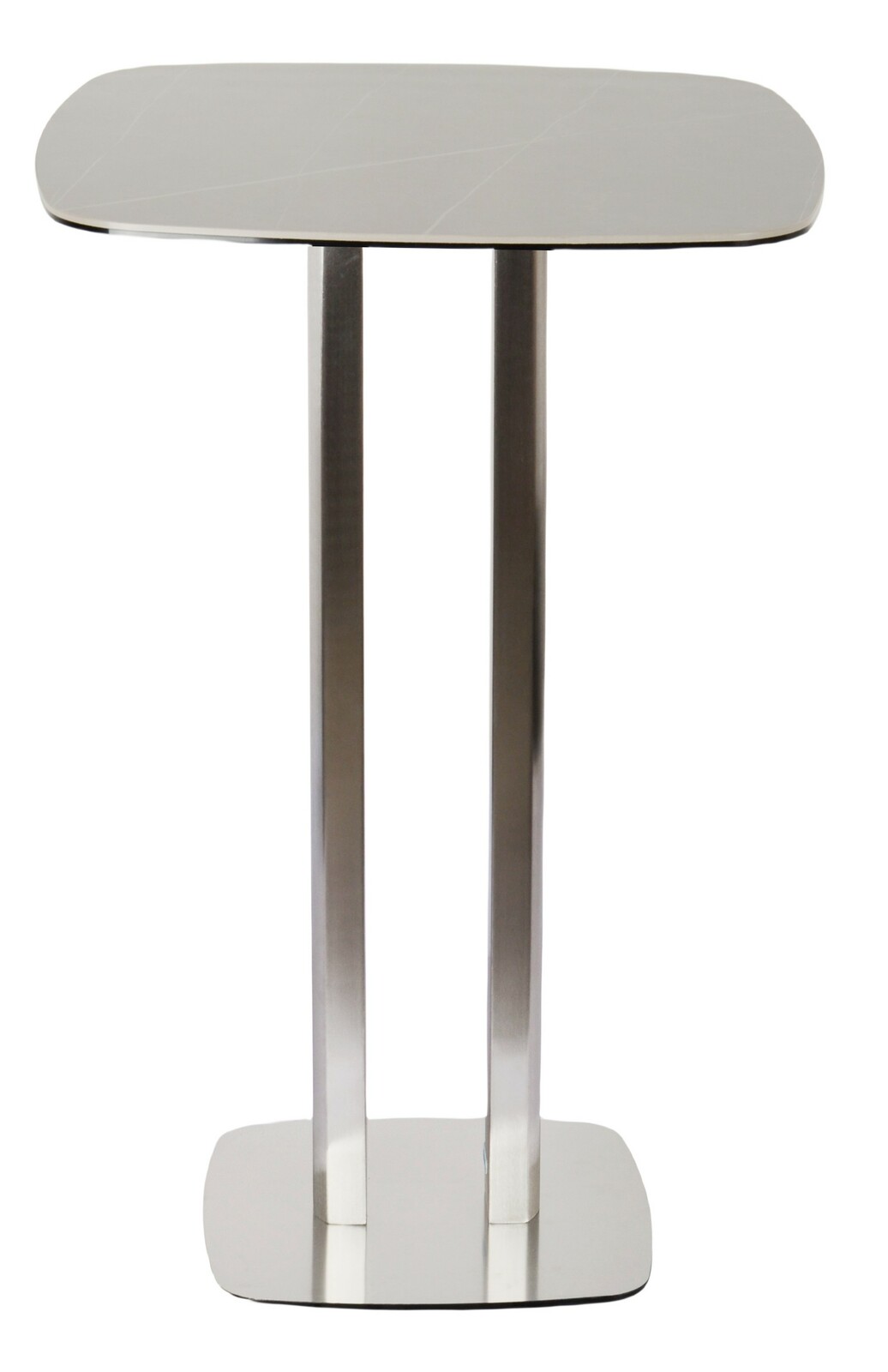 Moderner Bartisch aus Metall mit rechteckiger Tischplatte und zwei stabilen Säulen, Frontalansicht.