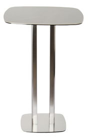 Moderner Bartisch aus Metall mit rechteckiger Tischplatte und zwei stabilen Säulen, Frontalansicht.