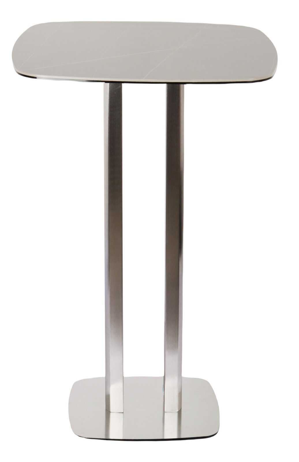 Moderner Bartisch aus Metall mit rechteckiger Tischplatte und zwei stabilen Säulen, Frontalansicht.