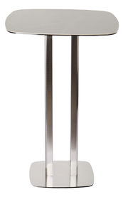 Moderner Bartisch aus Metall mit rechteckiger Tischplatte und zwei stabilen Säulen, Frontalansicht.