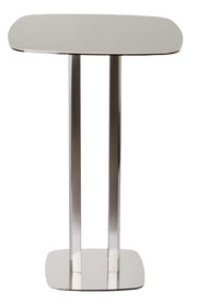 Moderner Bartisch aus Metall mit rechteckiger Tischplatte und zwei stabilen Säulen, Frontalansicht.
