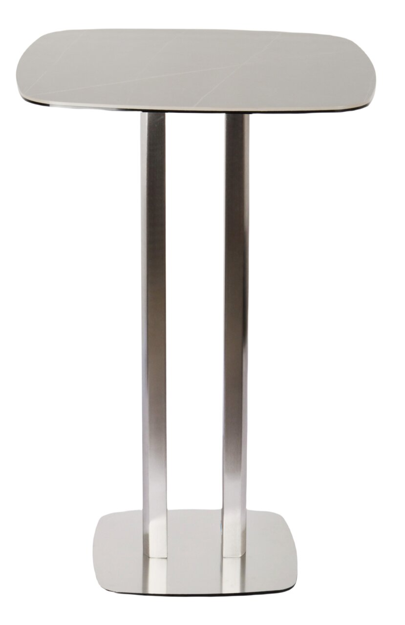 Moderner Bartisch aus Metall mit rechteckiger Tischplatte und zwei stabilen Säulen, Frontalansicht.