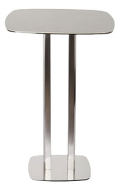 Moderner Bartisch aus Metall mit rechteckiger Tischplatte und zwei stabilen Säulen, Frontalansicht.