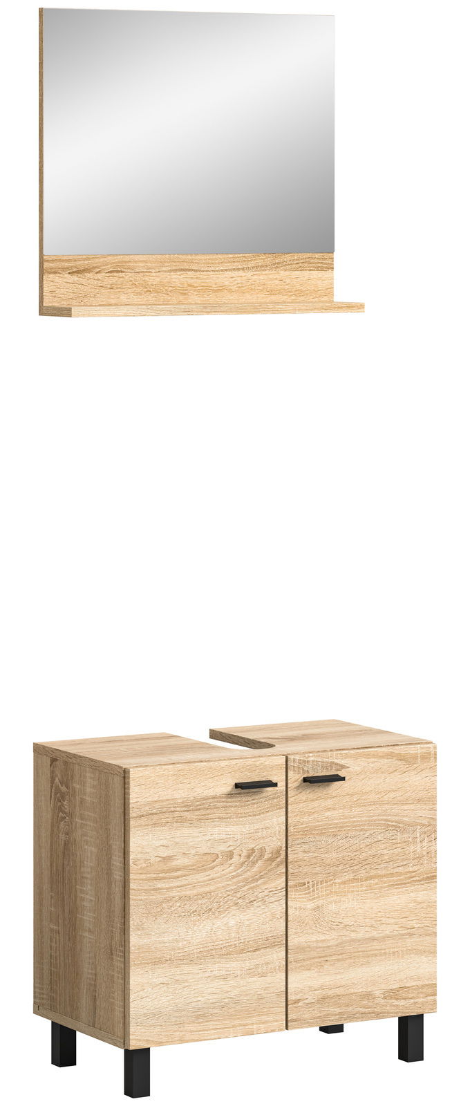 Waschbeckenunterschrank aus Holz mit zwei Türen und schwarzen Griffen, frontal abgebildet. Darüber ein passender Spiegel mit Ablage.