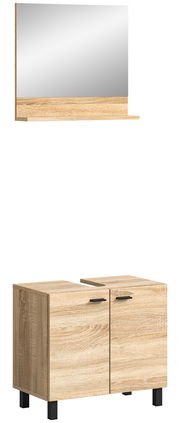 Waschbeckenunterschrank aus Holz mit zwei Türen und schwarzen Griffen, frontal abgebildet. Darüber ein passender Spiegel mit Ablage.