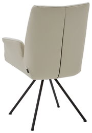 Achterkant van een moderne fauteuil met een beige bekleding en zwarte metalen poten, in perspectief gefotografeerd vanaf de achterkant.