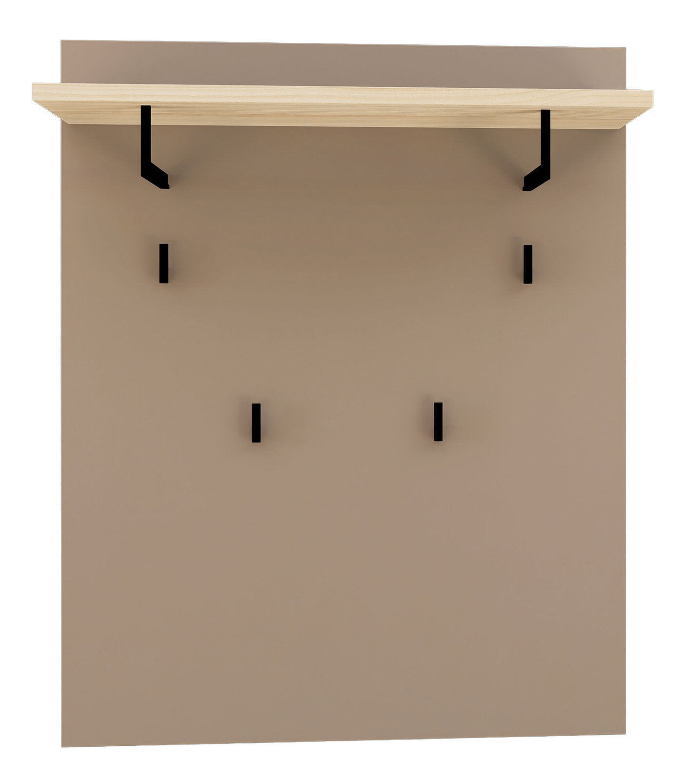 Frontale Ansicht einer modernen Garderobenwand mit Holzablage und schwarzen Haken auf beigem Hintergrund.