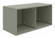 Perspektive von vorne links auf ein zweifach unterteiltes, graues Regalmodul mit glatter Oberfläche.