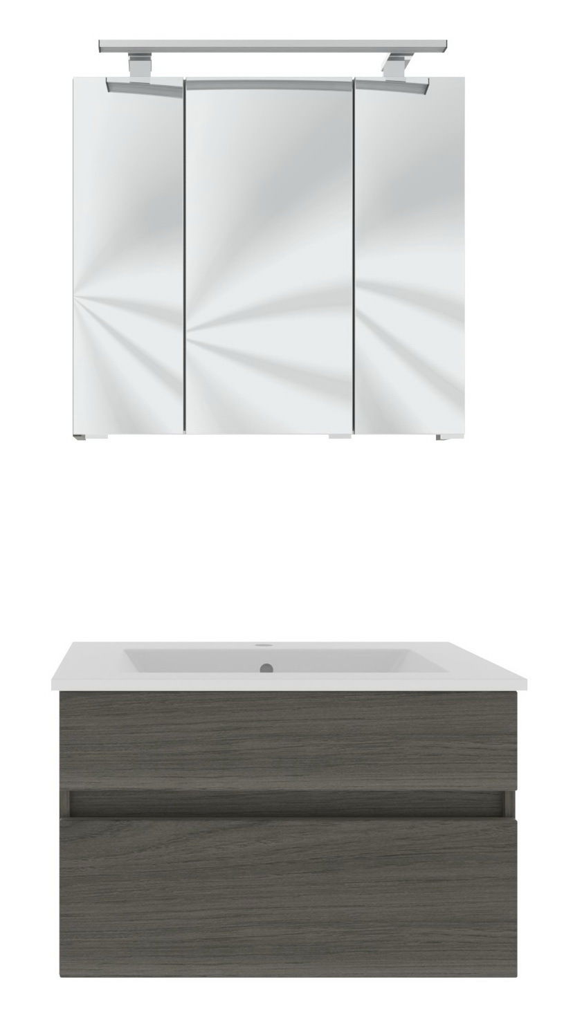 Moderner Badblock mit Spiegelschrank und Waschbecken, Frontalansicht