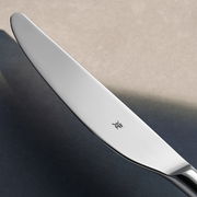 Nahaufnahme eines glänzenden Edelstahlmessers mit WMF-Logo, seitliche Perspektive