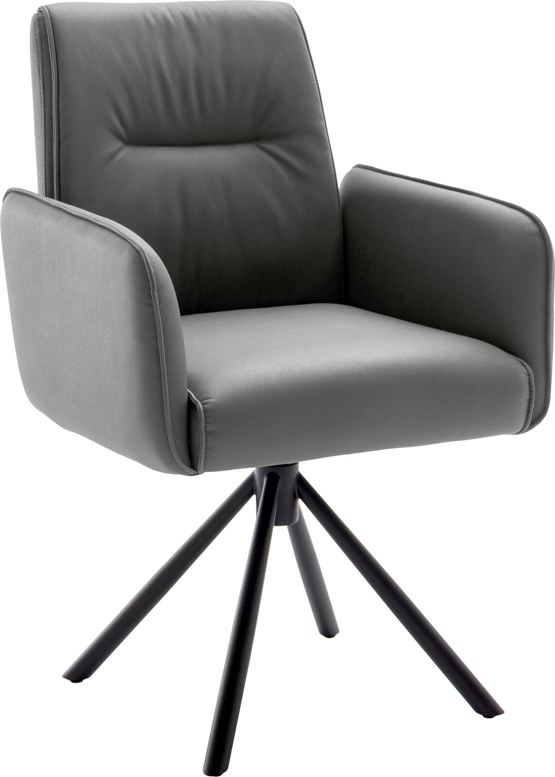 Zurbrüggen Fauteuil DELANE Moderne grijze gestoffeerde armstoel met hoge rugleuning en zwart metalen steronderstel, schuin van voren gezien