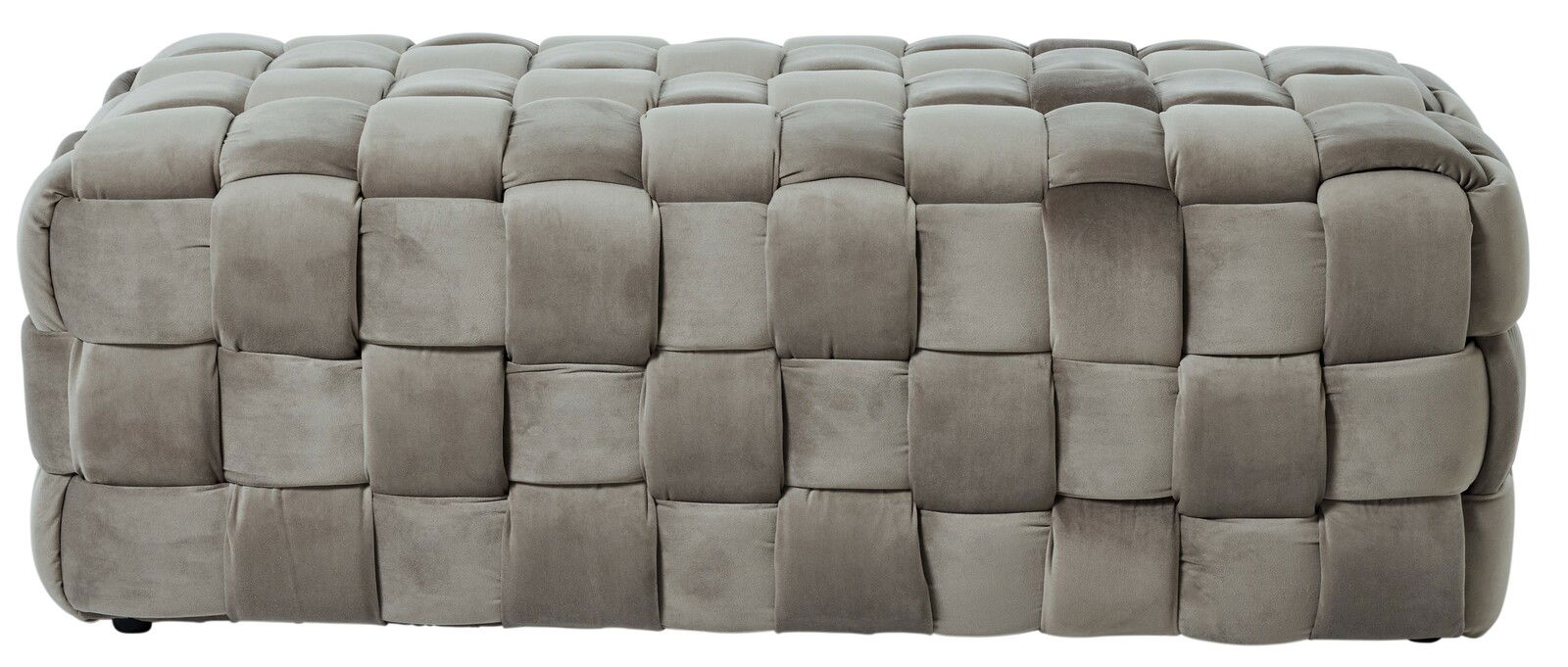 Grauer, gepolsterter Hocker mit quadratischem Muster, seitliche Perspektive