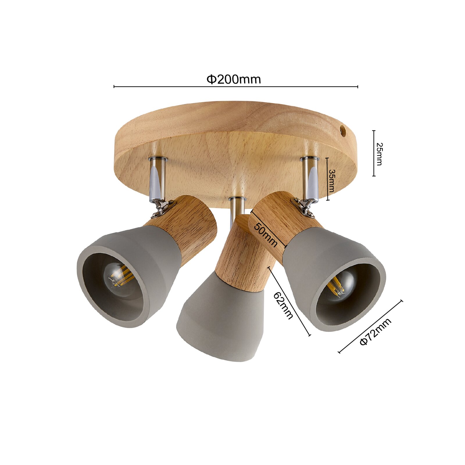 Deckenstrahler mit drei verstellbaren Leuchten, Holz- und Metallkombination, Ansicht von unten