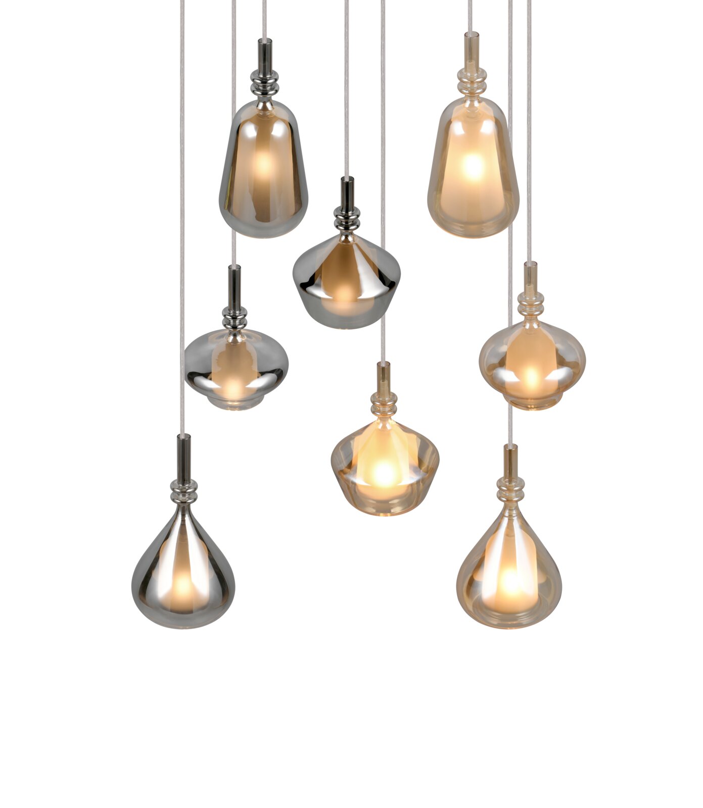 Set aus sieben modernen Pendelleuchten mit tropfen- und kugelförmigen Glas-Schirmen in Rauchgrau und Amber, warm leuchtend, frontal in leichter Untersicht vor weißem Hintergrund