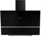 Moderne schwarze Dunstabzugshaube mit minimalistischem Design, frontale Ansicht