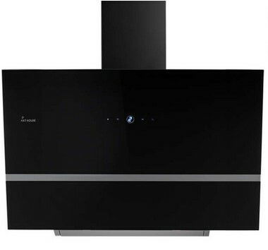 Moderne schwarze Dunstabzugshaube mit minimalistischem Design, frontale Ansicht