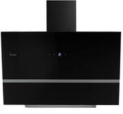 Moderne schwarze Dunstabzugshaube mit minimalistischem Design, frontale Ansicht