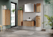 Modernes Waschtisch-Set aus Holz mit Spiegel und Schränken, seitliche Perspektive