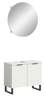 Runde Wandspiegel und weiße Badkommode mit gerillten Türen, frontal betrachtet.