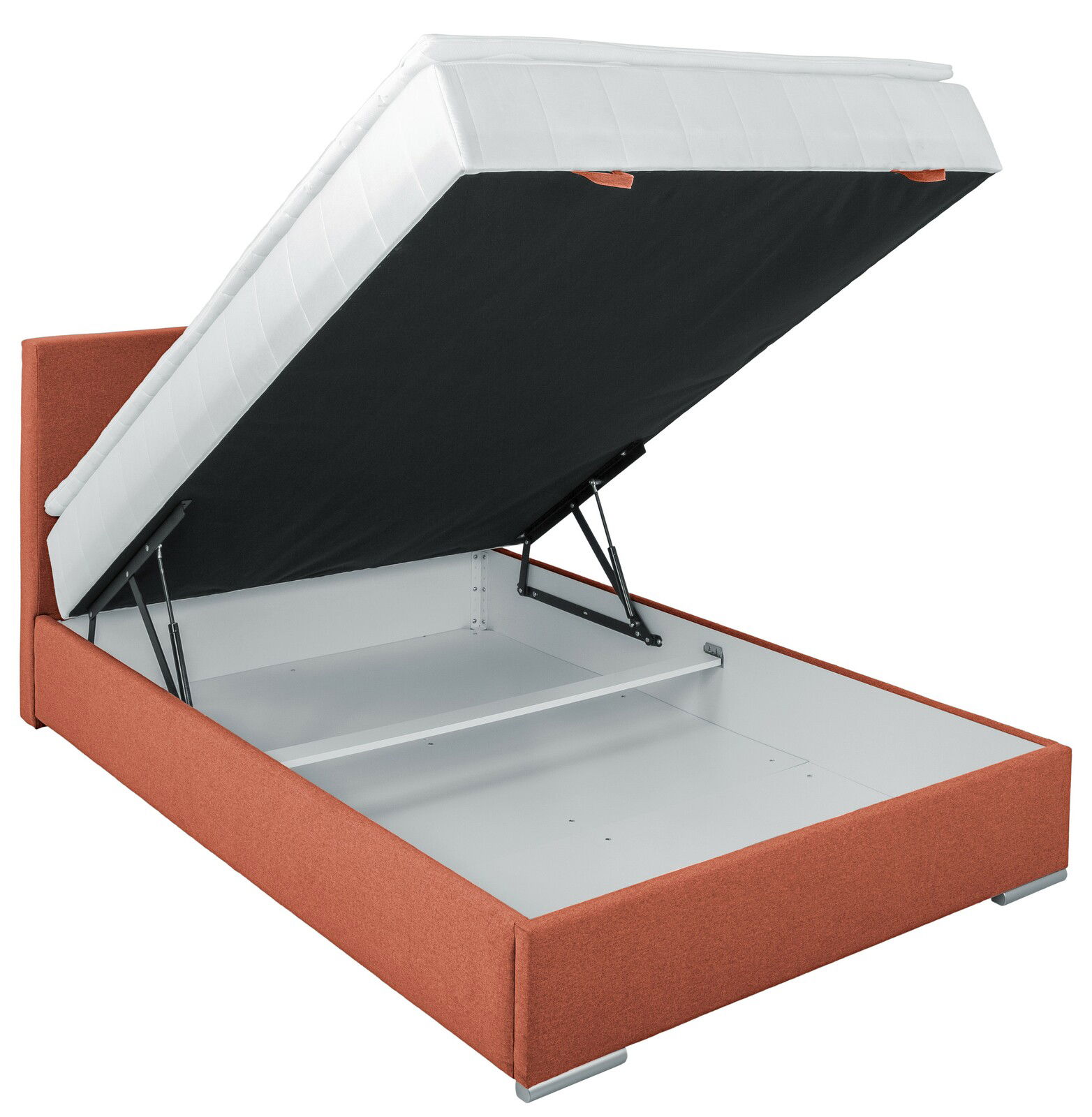 Boxbett 140 mit hochgeklappter Matratze und Stauraum, seitliche Perspektive