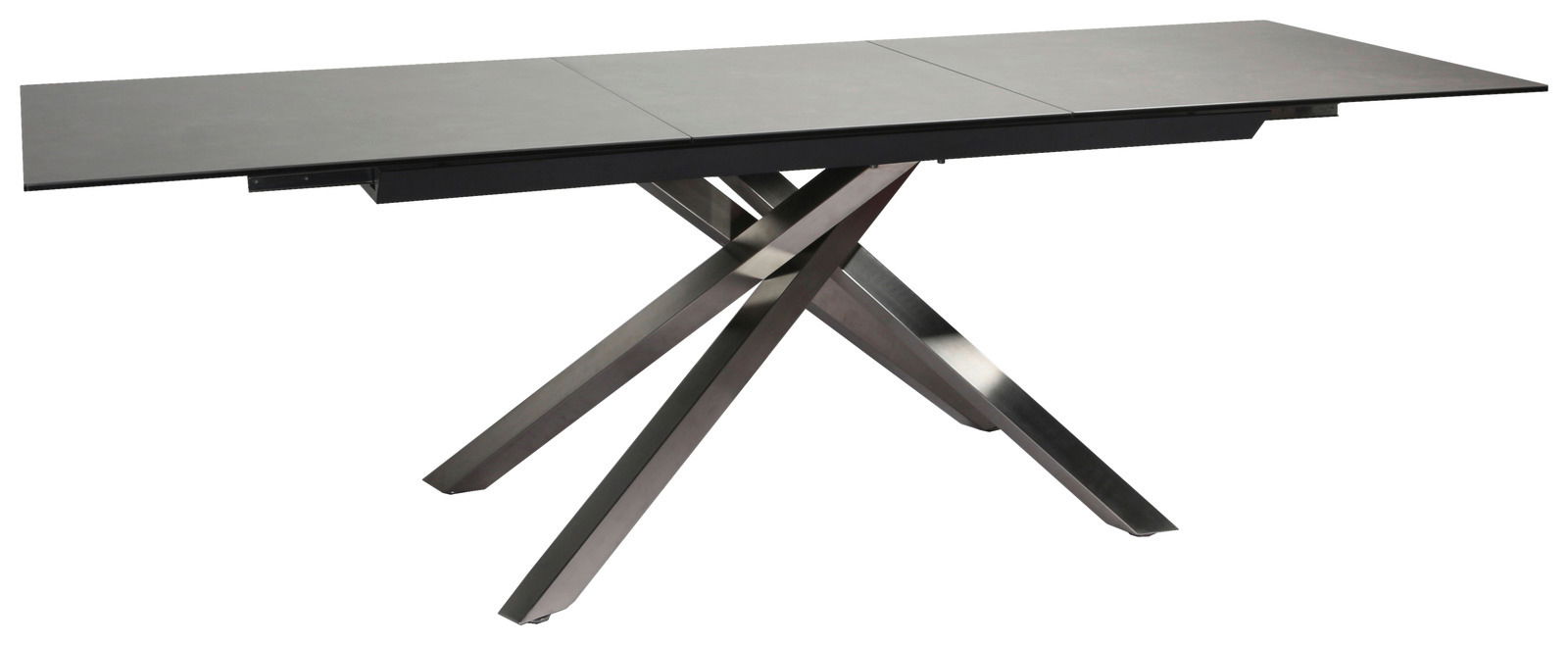 Moderner Esstisch mit schwarzer Tischplatte und gekreuzten Metallbeinen, seitliche Perspektive