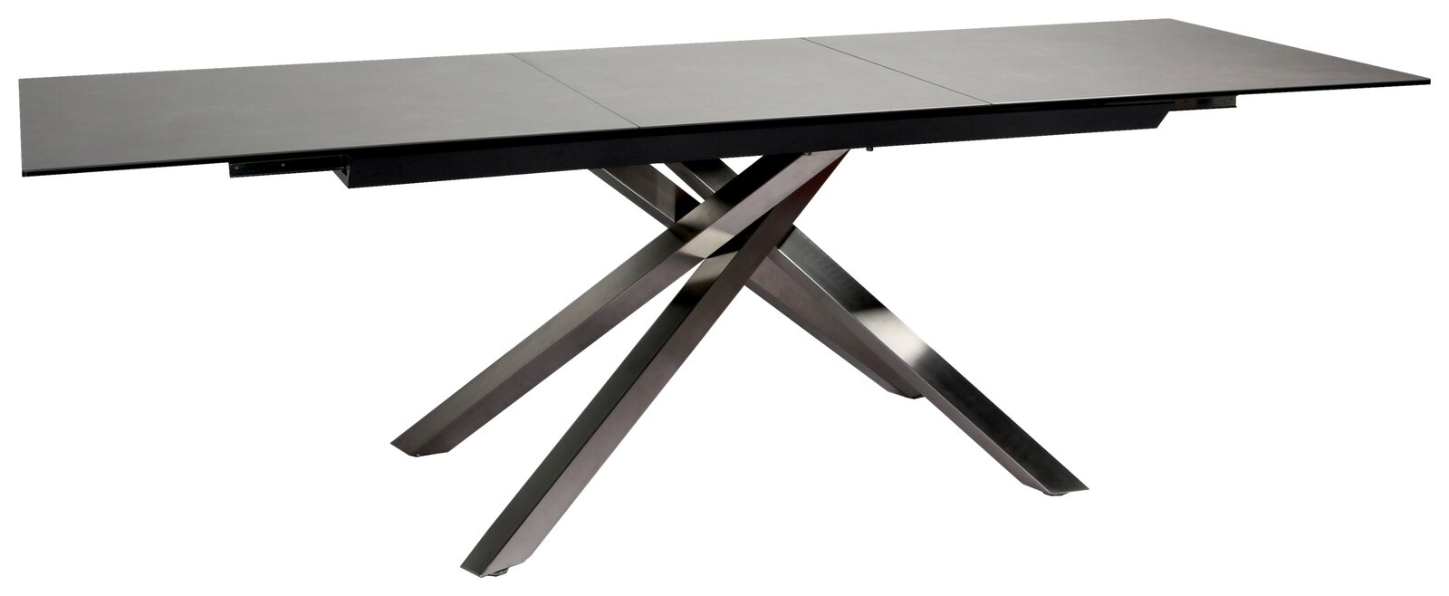 Moderner Esstisch mit schwarzer Tischplatte und gekreuzten Metallbeinen, seitliche Perspektive
