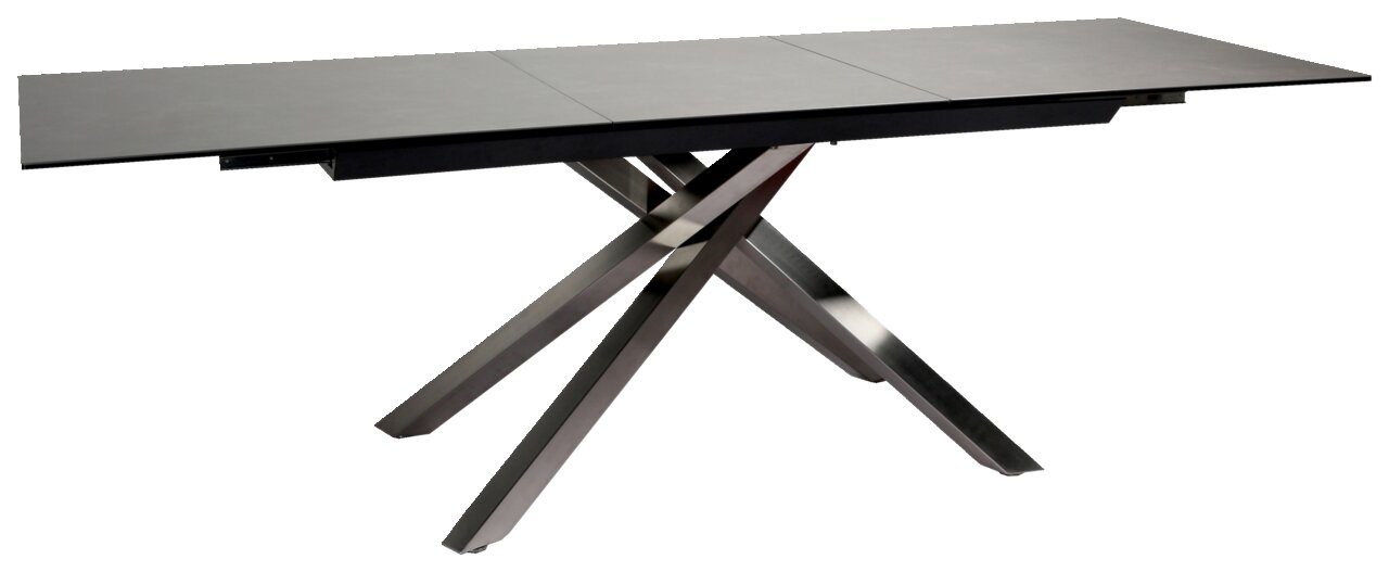 Moderner Esstisch mit schwarzer Tischplatte und gekreuzten Metallbeinen, seitliche Perspektive