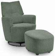 Grüner Sessel mit Hocker aus geripptem Stoff, seitliche Perspektive