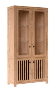 Holzvitrine mit Glastüren und Lamellentüren, frontal fotografiert