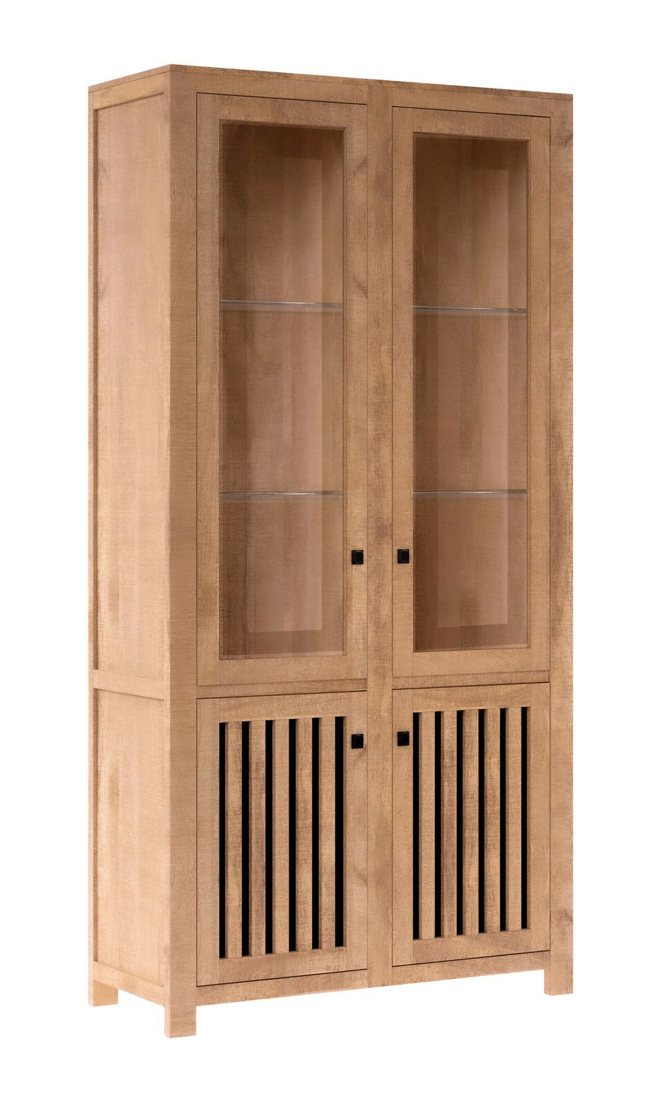 Holzvitrine mit Glastüren und Lamellentüren, frontal fotografiert