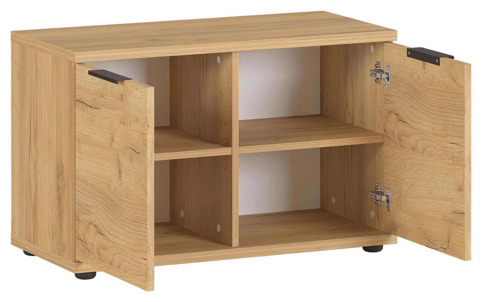 MID.YOU Schuhbank FREMONT Schuhbank aus Holz mit zwei offenen Türen, vier Fächern und einer natürlichen Holzmaserung, seitliche Perspektive