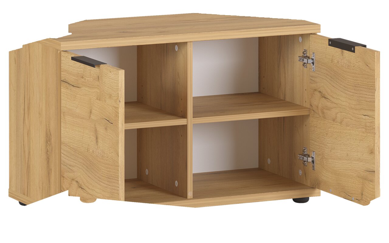 MID.YOU Schuhbank FREMONT Schuhbank aus Holz mit zwei offenen Türen, vier Fächern und einer natürlichen Holzmaserung, seitliche Perspektive