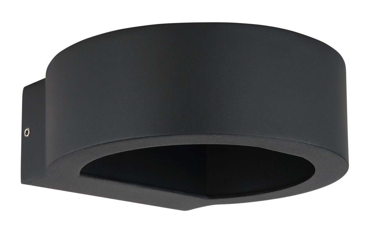 Schwarze Außenleuchte SLICE I in moderner, runder Form, seitliche Perspektive