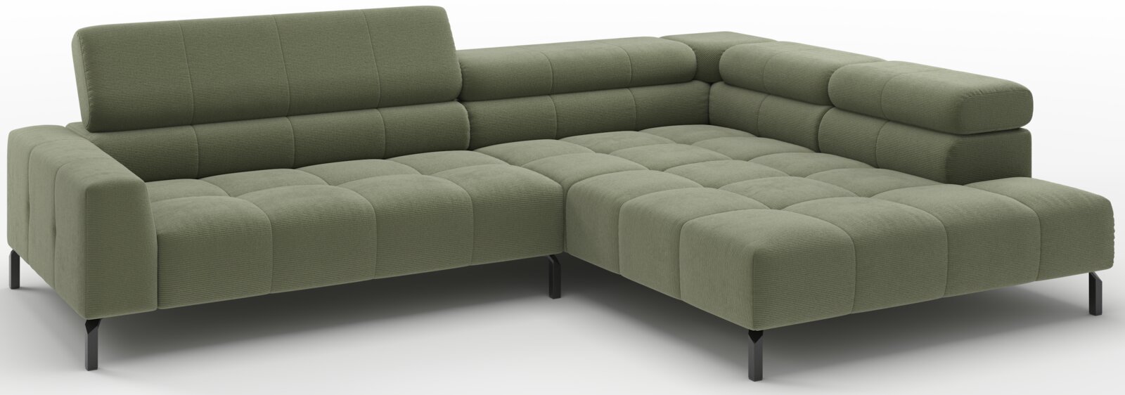Olijfgroene L-vormige hoekbank met chaise longue rechts, doorgestikte kussens en zwarte poten, getoond in schuin vooraanzicht