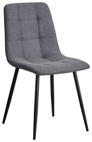 Grauer Stuhl mit gepolsterter Sitzfläche und Rückenlehne, schwarzes Metallgestell, seitliche Perspektive