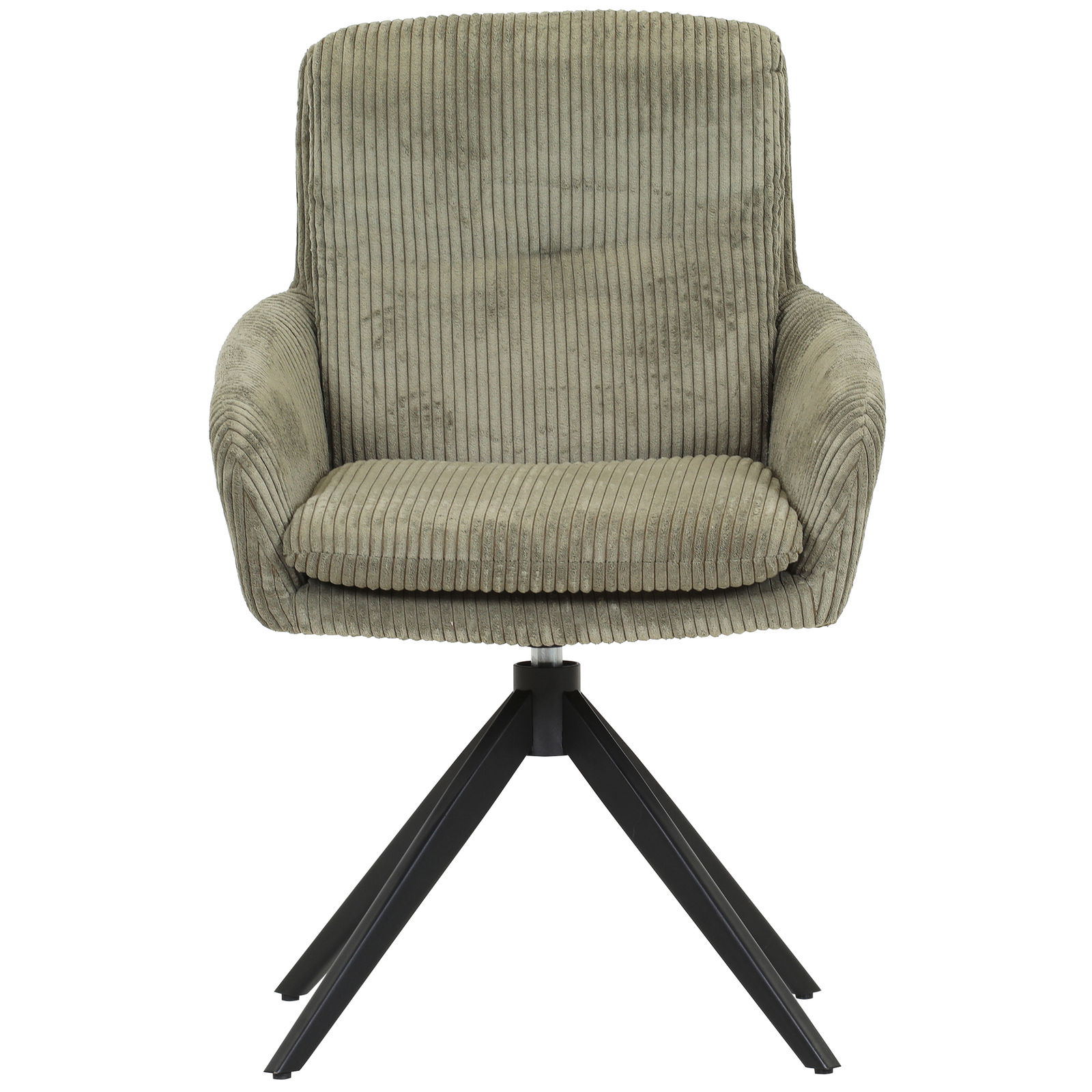 Grüner Armlehnstuhl mit geripptem Stoffbezug und schwarzem Metallgestell, Frontalansicht