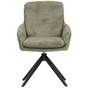 Grüner Armlehnstuhl mit geripptem Stoffbezug und schwarzem Metallgestell, Frontalansicht