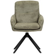 Grüner Armlehnstuhl mit geripptem Stoffbezug und schwarzem Metallgestell, Frontalansicht