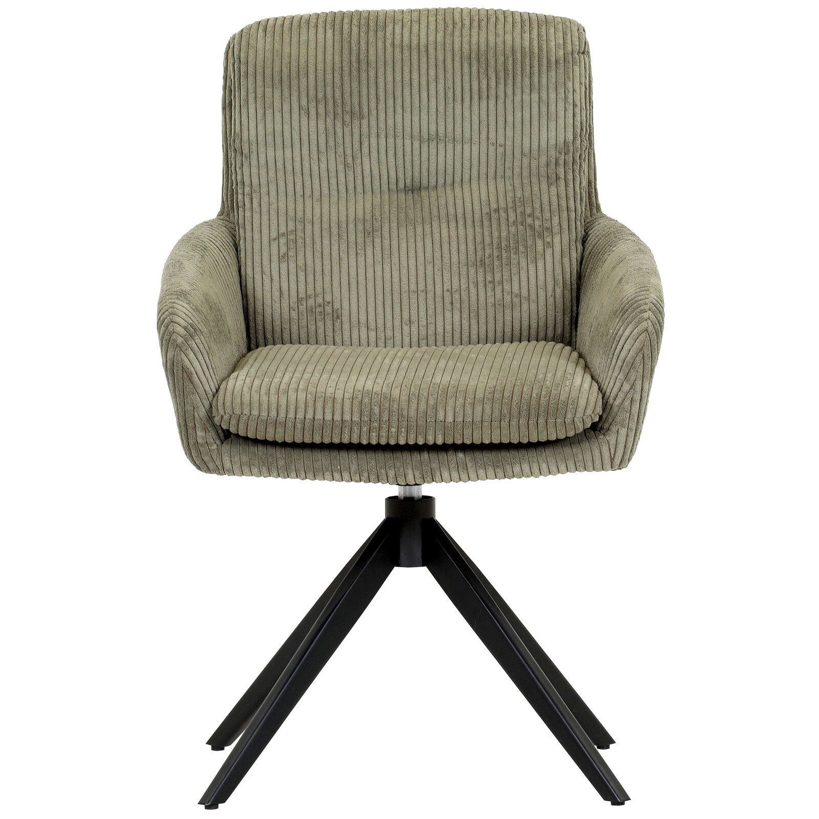 Grüner Armlehnstuhl mit geripptem Stoffbezug und schwarzem Metallgestell, Frontalansicht