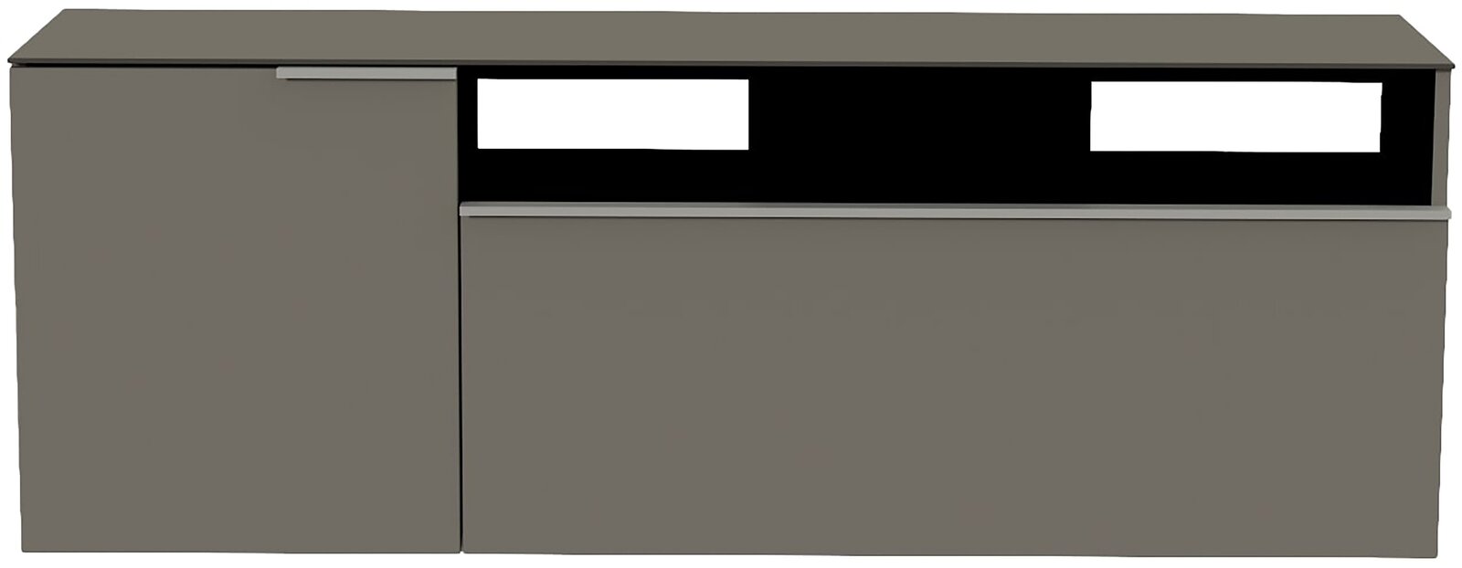 Frontansicht eines grauen Hänge-Lowboards mit zwei Türen und einem offenen Fach.